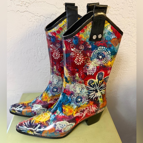 Rain Bops Beehive Rubber Cowboy Boots Pointed Toe Abstract Art Boho Western Shoe - Picture 2 of 13